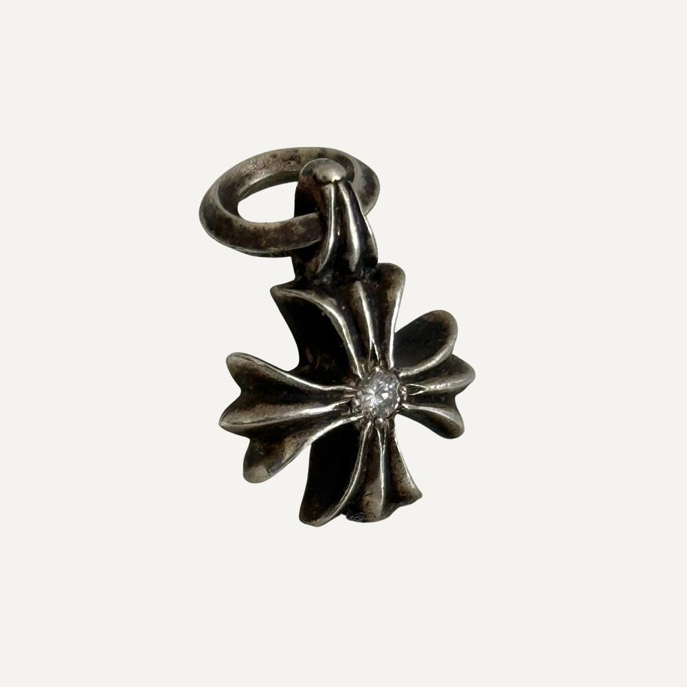 Chrome Hearts 925 Silver Floral Cross Charm Pendant Diamond Center